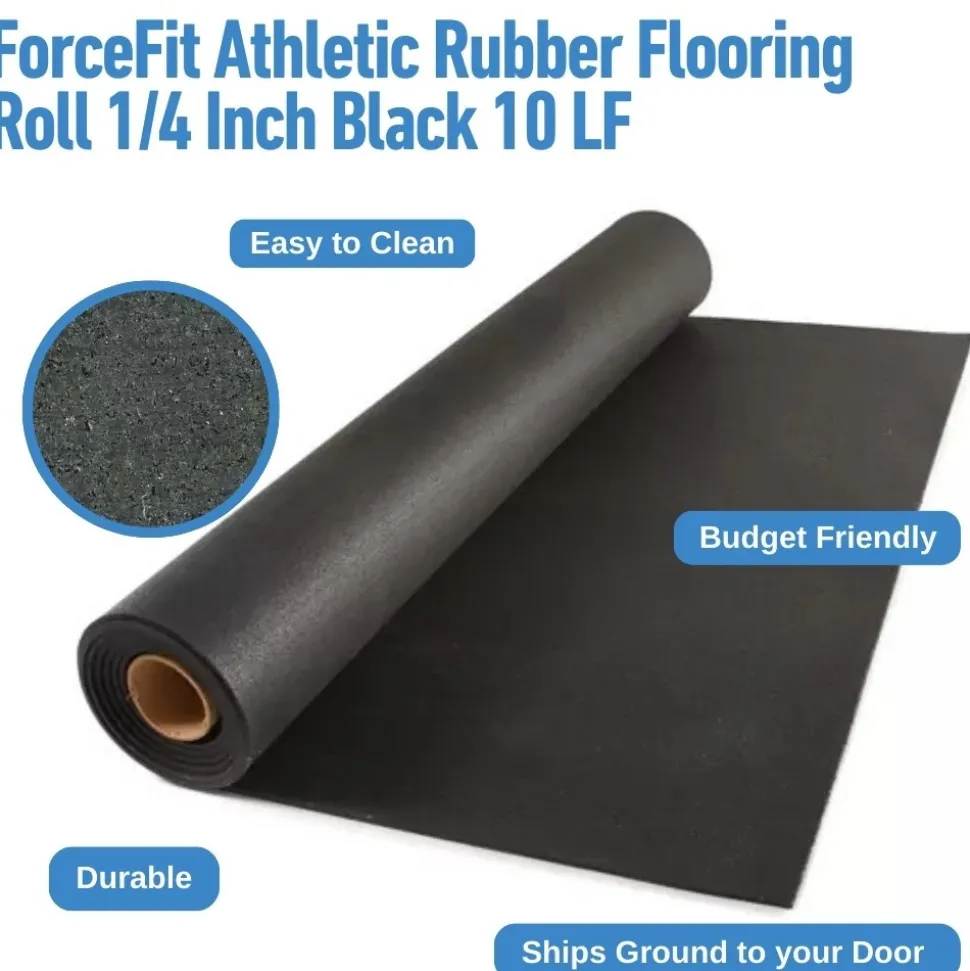 ForceFit Athletic Rubber Flooring Roll 1/4 Inch Black 10 LF